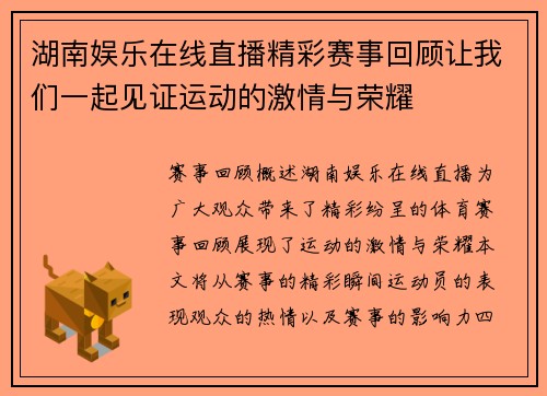 湖南娱乐在线直播精彩赛事回顾让我们一起见证运动的激情与荣耀